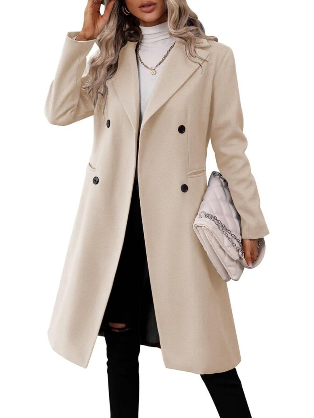 Chic Women's Long Double Breasted Peacoat with Lapel Collar - Slim Fit Winter